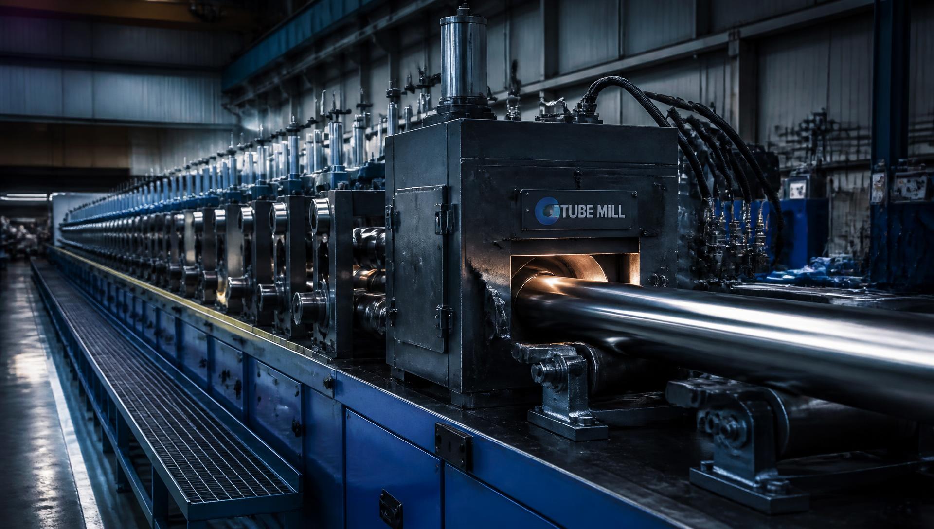 Steel tube exiting the weld box of a modern roll-forming tube mill line