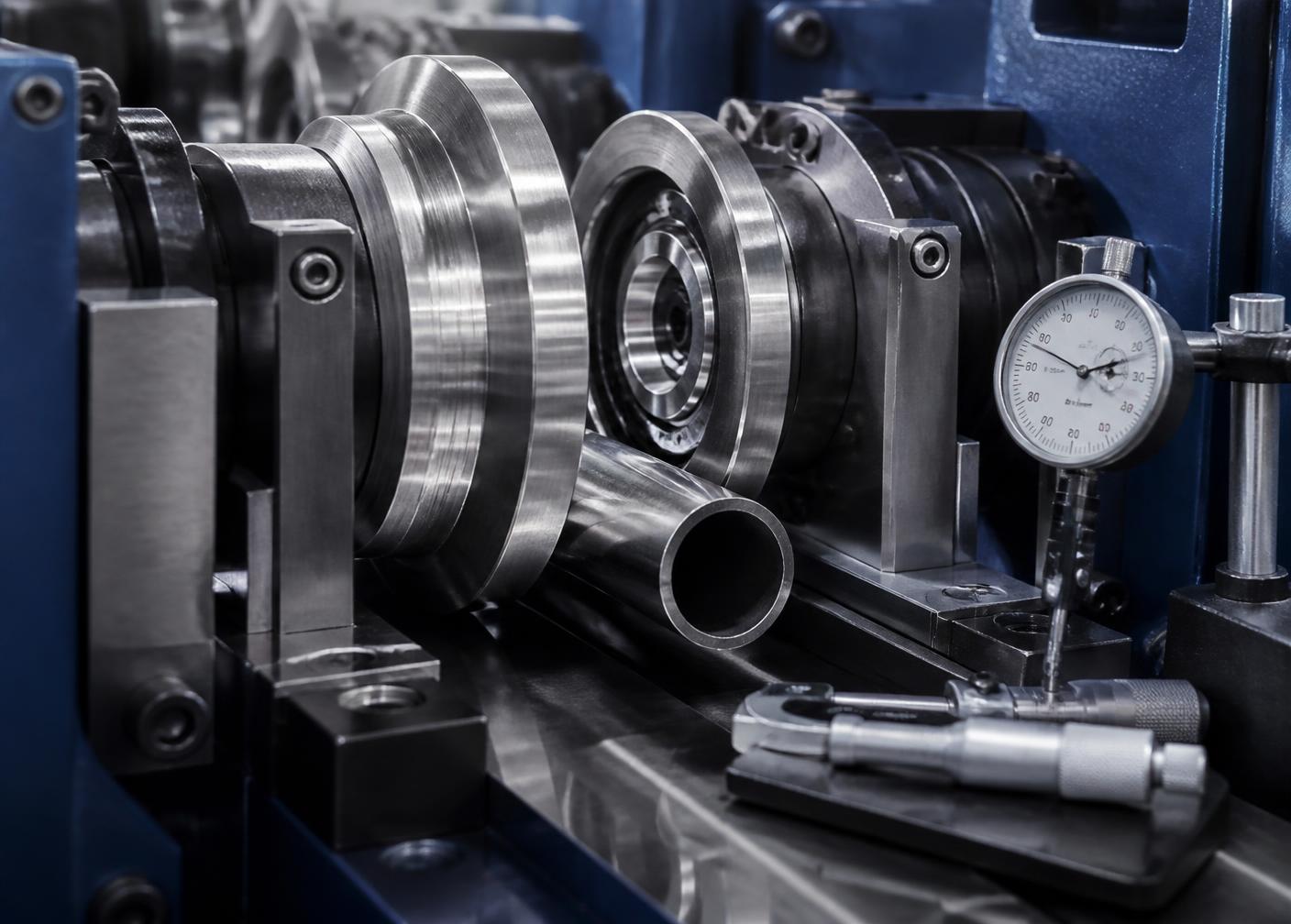 Precision roll tooling in a tube mill stand with a dial indicator and micrometer